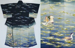 【KIRUKIRU】逸品 アンティーク 訪問着 着物 身丈158cm 正絹 三つ紋 大正ロマン 黒地 絵画のような鴛鴦のいる風景 レトロ 古布 古裂