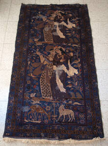 KIRMAN キルマンラグ ペルシャ絨毯 111cm×209cm ウール カーペット シルク タペストリ 襤褸 古布 装飾 欧州 アンティーク/J344