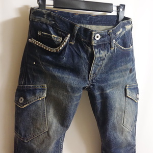 【ヒステリックグラマー バイカー クロップド デニムパンツ S】3AP-4822 スタッズ スワロフスキー USED加工 ジーンズ HYSTERIC GLAMOUR