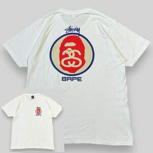 ステューシー × アベイシングエイプ コラボレーション グラフィック Tシャツ L 白 STUSSY A BATHING APE ストックロゴ 猿 NIGO コラボ