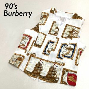 【極美品】90s Burberry バーバリー 総柄 ビンテージスカーフ柄 ベストジャケット レディース 11 L 地図柄 ホワイト