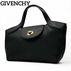 美品■ GIVENCHY ターンロック ハンドバッグ サフィアーノレザー 黒 ジバンシー 4Gロゴ トートバッグ 自立 ゴールド金具 本革 ブラック