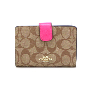 コーチ COACH ミディアム コーナー ジップ ウォレット PVC レザー シグネチャー 53562 二つ折り財布 ベージュ ピンク 中古 mau21018