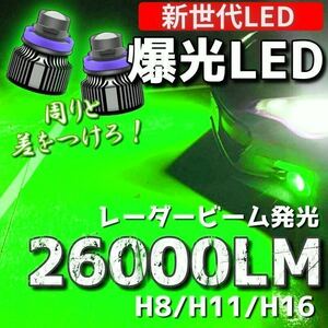 【爆光LED】レーザービーム発光 LED フォグランプ グリーン H8/H11/H16 アルファード ヴェルファイア プリウス ライムグリーン 