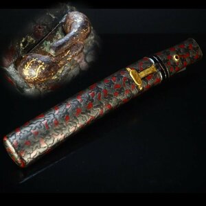 【治】時代刀装具　金象嵌鉄金具付模様入短刀拵☆全長30ｃｍ　竹光幅16ｃｍ　武具　日本刀　刀　小刀　短刀　刀装具　NF18