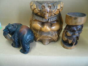 ●アイヌの木彫り 大小２点、熊の木彫り1点　３品まとめて！　北海道物産　置物　インテリア　縁起物　＃当時物