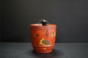 D4567 時代品 朱塗 亀宝珠吉祥図蒔絵 酒樽型 水筒 酒器