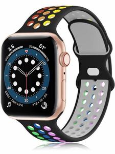 a-467 コンパチブル apple watch バンド スポーツバンド シリコン素材 柔らかい 耐衝撃 防汗 交換ベルト (38/40/41mm, 黒＋虹色)