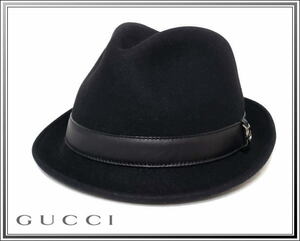 ☆美品GUCCI/グッチ インターロッキングG ハット ウール×レザー 黒 送料税込み！