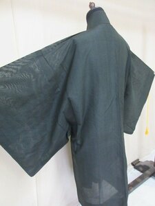 1円 良品 正絹 長羽織 縦絽 和装 和服 アンティーク 黒 紋なし 無地 男性用 単衣 身丈100cm 裄66cm【夢職】★★★