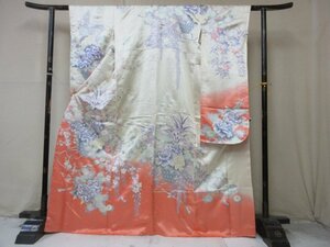 1円 良品 正絹 着物 振袖 縮緬 式典 和装 牡丹 藤 四季花 花柄 高級 袷 身丈157cm 裄63cm ◆逸品◆【夢職】★★★★