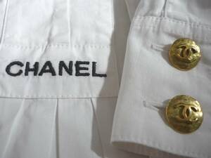 シャネル　CHANEL 　ヴィンテージオーバーシャツブラウス　レア　ロゴ刺繍　リボン付き　ユニセックス対応