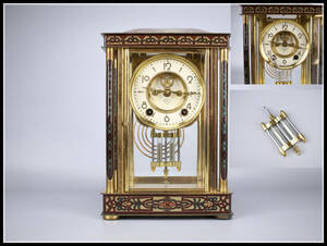 【秀】ZB361 日本美術時計株式会社 Nマーク ゼンマイ式 置時計 堆朱花模様彫刻装飾／共箱付 稼働品N！ｚ