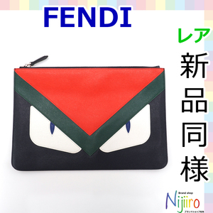 【ほぼ新品】フェンディ FENDI 7N0078 レザー モンスター クラッチバッグ ハンドバッグ ボディバッグ　黒 ブラック