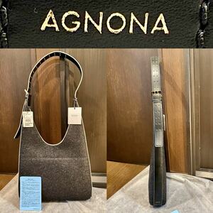 【新品・定価約22万円】AGNONA（アニオナ）牛革切替ウールショルダーバッグ レディース メンズ ユニセックス 男女兼用 グレー