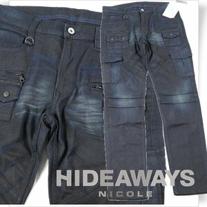 新品1円～★定価1.6万 HIDEAWAYS NICOLE ハイダウェイ ニコル 多ポケットカーゴパンツ 44 S ストレッチ ネイビー デニム ◆1036◆