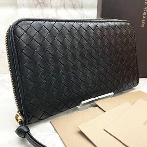 未使用級●ボッテガヴェネタ メンズ ビジネス 長財布 BOTTEGA VENETA イントレチャート 本革 ラウンド ジッピー オールレザー 黒 1円