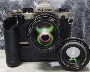 【終活整理】 Nikon NEW FM2/T チタン塗装モデル＋Ai NIKKOR 50mm f1.2 シンデレラ＋50mm f1.8 薄型＋モードラMD−12 露出計OK 光学良好