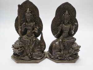 銅製置物　仏教美術　文殊菩薩　普賢菩薩　座像　銅製　中国美術　銅製　インテリア置物