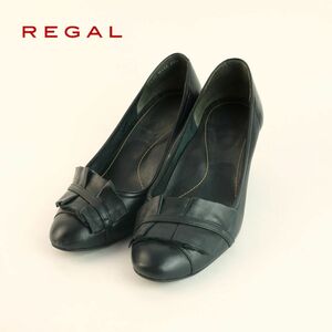 REGAL リーガル 23.5 パンプス ヒール ラウンドトゥ フリル レザー 黒 ブラック/OC148