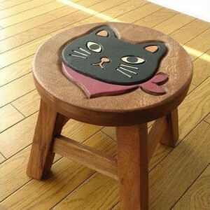 スツール 木製 子供 椅子 いす おしゃれ ミニスツール ウッド 丸椅子 子供用 無垢 花台 ミニテーブル 猫 子供椅子 スカーフ黒ネコさん