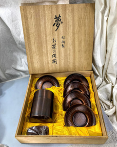 純銅製 夢(ゆめ)シリーズ 茶筒 茶箕/茶さじ 槌目茶托/茶たく 5枚 7点 元箱 茶道具 茶器 伝統工芸品 コレクション used 未使用 自宅保管品