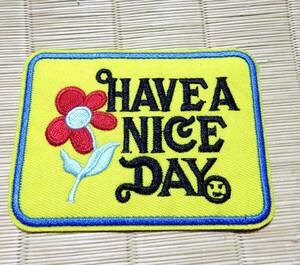 黄◇新品　Have A Nice Day　良い一日を　ごきげんよう　赤い花　刺繍ワッペン◆アメリカ　英国■ファッション■ 洋服・衣類・衣服DIY■