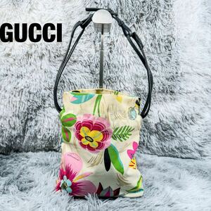 【限定品】美品　GUCCI グッチ　フローラ　フラワー　花柄　総柄　キャンバス　レザー 巾着バッグ　ハンドバッグ　レディース　ミニバッグ