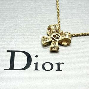 未使用級 クリスチャンディオール Christian Dior ネックレス アクセサリー 文字 リボン サークル CDロゴ ラインストーン 刻印 ゴールド 金