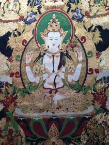 卍 チベット仏教 ◆四臂 観音菩薩　織物 特大サイズ ◆　　検索；刺繍　開運　金　阿弥陀　A7,2
