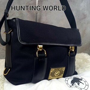 【未使用級】ハンティングワールド　 ショルダーバッグ　レザー　キャンバス　黒　ゴールド　HUNTING WORLD　保存袋付き