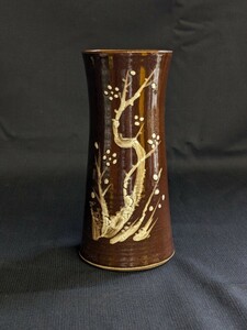 古い 在銘 串団子 イッチン 梅図 花瓶 花器 高さ約17.3cm