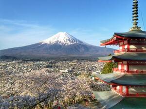 世界遺産 富士山と桜と五重の塔 写真 A4又は2L版 額付き