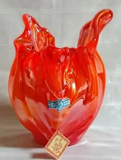 【美品】フリル硝子 ガラス 花瓶 オレンジマーブル 吹きガラス  レトロ