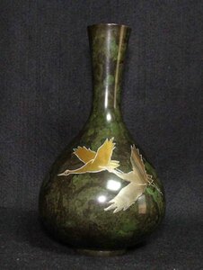 [銅花器e46]●花瓶　金銀双鶴文　21.5cm●ツル　crane 鶴図　花生　VASE