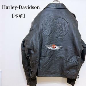 【本革】Harley-Davidson 刺繍 ライナー付き ライダースジャケット　本革　ハーレーダビッドソン　5XL ダークブラウン