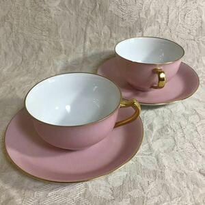 2客 大倉陶園 色蒔き ピンク蒔き 桜色 カップ&ソーサー ヴィンテージ オークラ ティーカップ コーヒー 金縁 白磁器 宮内庁 皇室 天皇皇后