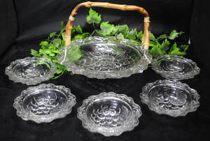 の135.レトロ SOGAガラス ガラス皿セット グレープ つる付き盛皿 デザート皿 大皿 小皿 6点セット ガラスの器