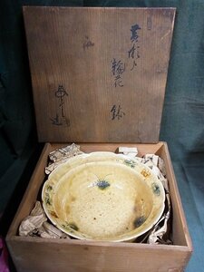 A4915 加藤唐三郎 黄瀬戸 輪花鉢 共箱 菓子器 茶道具