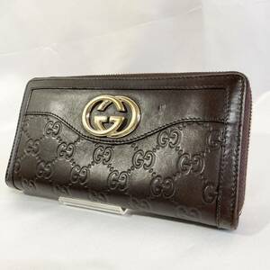 【美品】 正規品 GUCCI グッチ 長財布 GG シマレザー ラウンドファスナー 茶色 ブラウン ダークブラウン ゴールド金具 型押しロゴ GG柄