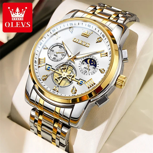 OLEVS メンズ 腕時計 2856 高品質 クオーツ カジュアル スポーツ ビジネス 時計 ステンレス クロノグラフ ウォッチ ゴールド × ホワイト