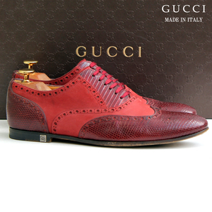 良品・保存袋付★GUCCI グッチ★ドレスシューズ 39.5≒24.5cm 189972 リザード ウィングチップ イタリア製 メンズ 赤 fc r-620