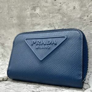 1円〜【未使用級】プラダ PRADA 財布 ラウンドジップ カードケース コインケース レザー サフィアーノ 三角ロゴ ブルー 青 メンズ