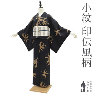 小紋 袷 着物 正絹 黒地 茶ベージュ 竹 印伝風 江戸小紋柄 カジュアル 新古品 仕立て上がり 身丈160 裄66 Ｍサイズ みやがわ sb13557