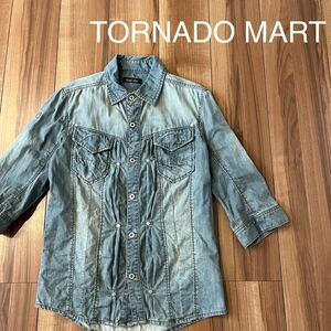 TORNADO MART トルネード マート 5分丈 デニムシャツ 半袖調整可 ウォッシュ加工 シワ加工 インディゴ サイズL 玉mc2816