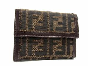 1円 ■美品■ FENDI フェンディ ズッカ柄 キャンバス×レザー ホック 三つ折り 財布 ウォレット 札入れ 小銭入れ ブラウン系 AW8167