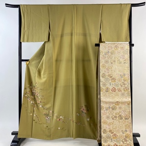 付下げ 身丈163cm 裄丈65.5cm M 袷 袋帯セット 花籠 枝花 金糸 刺繍 抹茶色 正絹 美品 秀品 【中古】