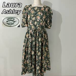 【Laura Ashley】ローラアシュレイ レトロ ガーデン柄 花柄 スクエアロゴ パフスリーブ ギャザースカート 半袖 ワンピース