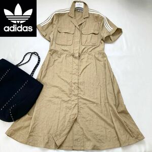 ★大きいサイズ★超美品★アディダス adidas XL-3L ウォッシャブルナイロン☆スリーストライプマキシシャツワンピース 旅行 アウトドア