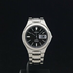 １円～ 美品 SEIKO セイコー ドルチェ パーペチュアルカレンダー SACN005 8F33-0030 チタン メンズ 年差クォーツ 黒文字盤 定価8.6万